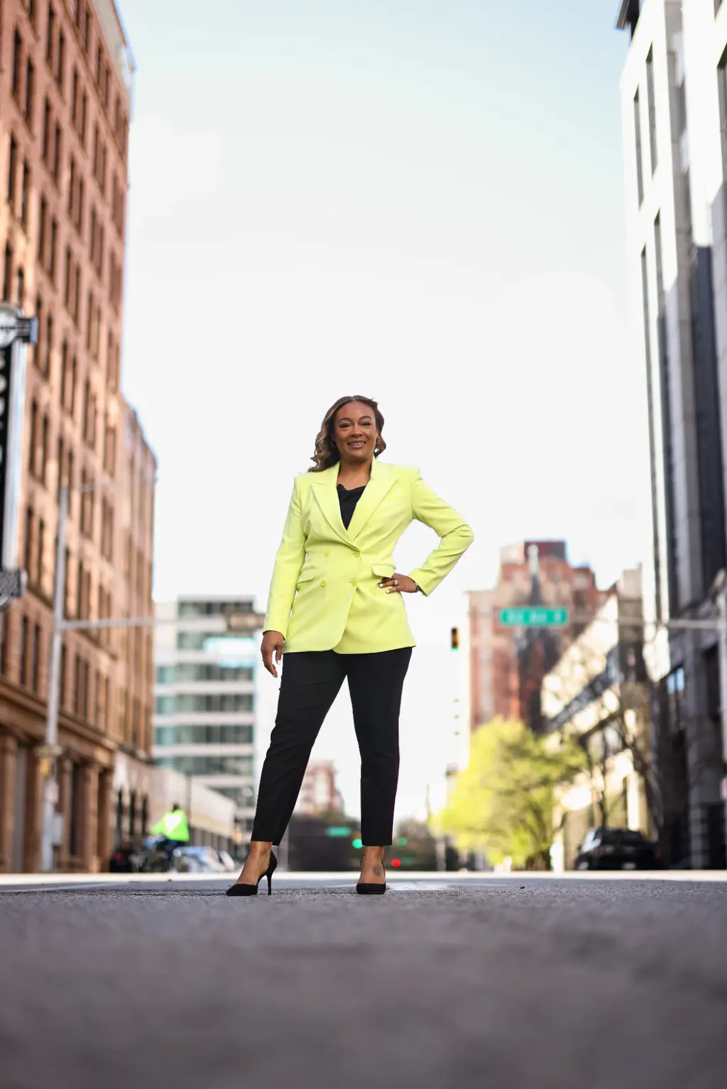 Awanna Scott, Birmingham personal injury attorney Awanna Scott, Birmingham personal injury attorney, standing on a downtown Birmingham street outside her law office